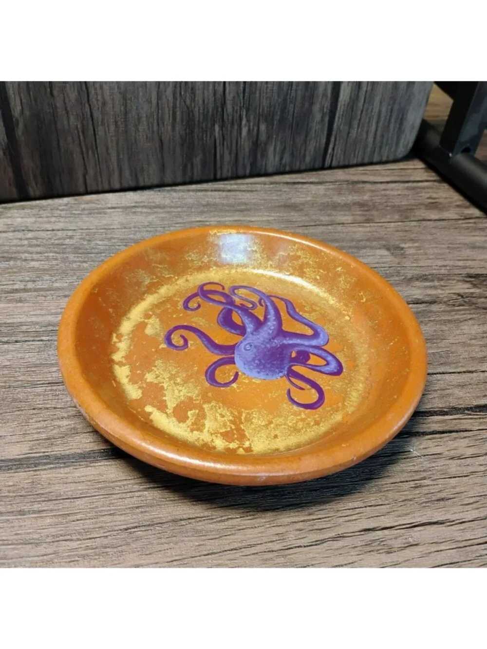 Hand-Painted Terracotta Dish, Purple Octopus, Gold Accents, 6